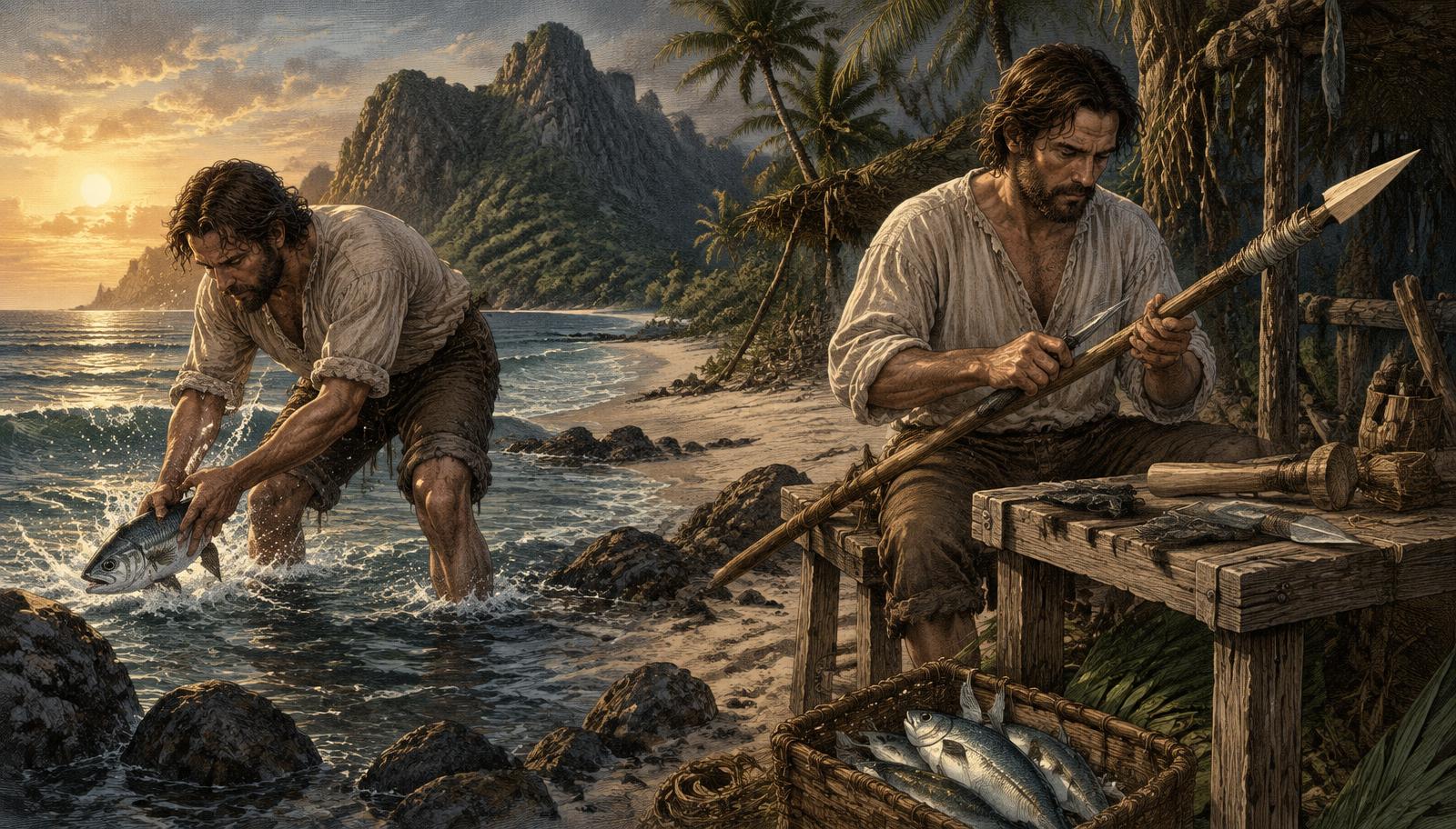 Robinson comparing immediate fishing with building an improved spear