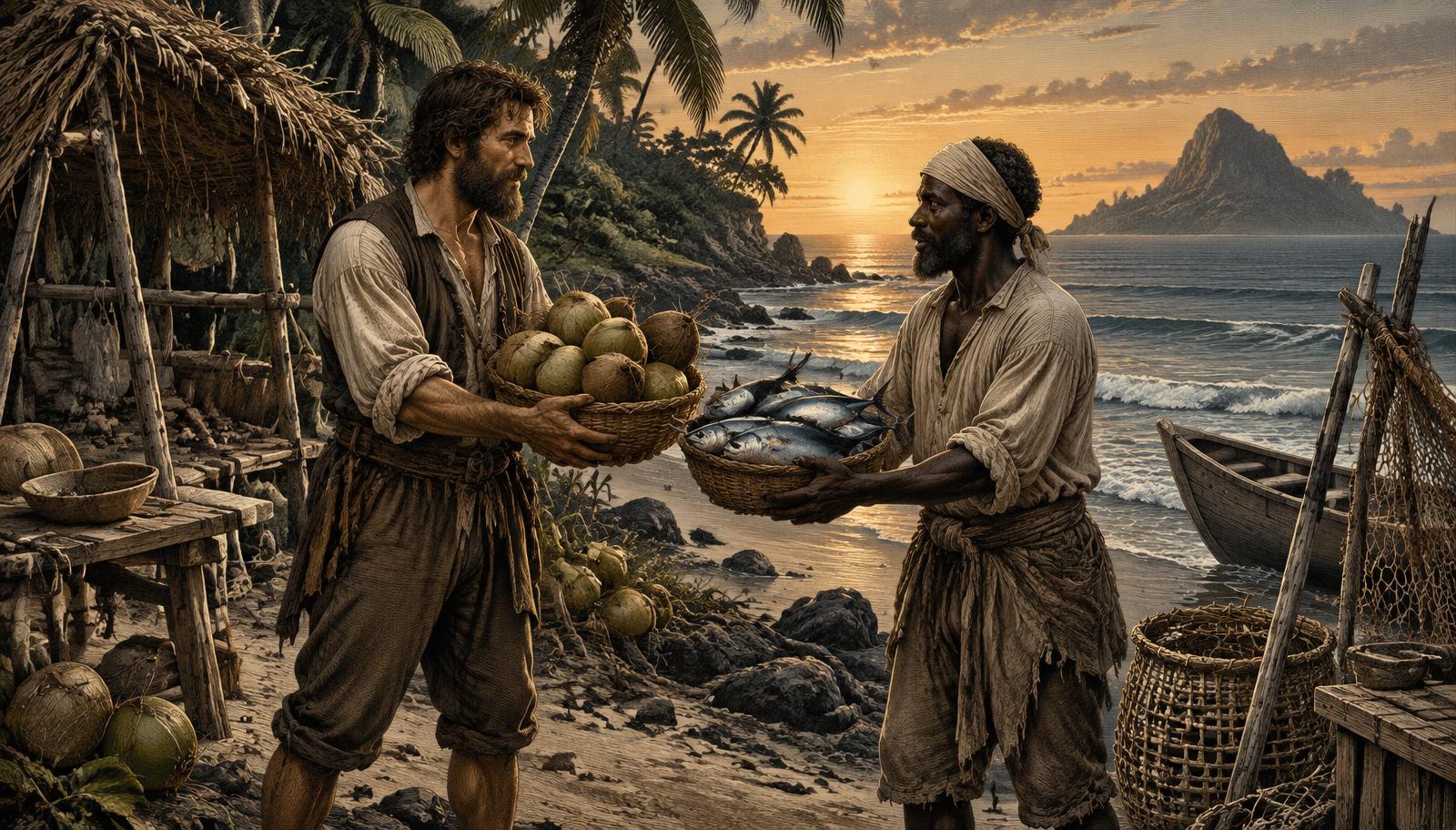 Robinson and Friday exchanging fish and coconuts